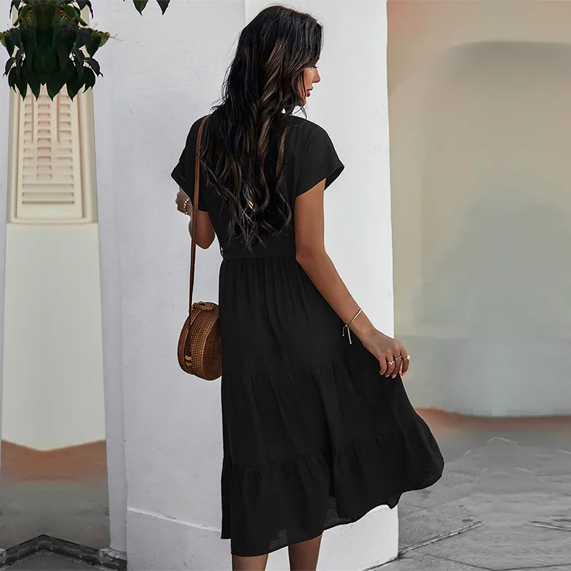 

2021 Spring New Bandage Dress Women Casual Short Sleeve High Waist Solid Dress for Women Elegant Slim Summer Dress