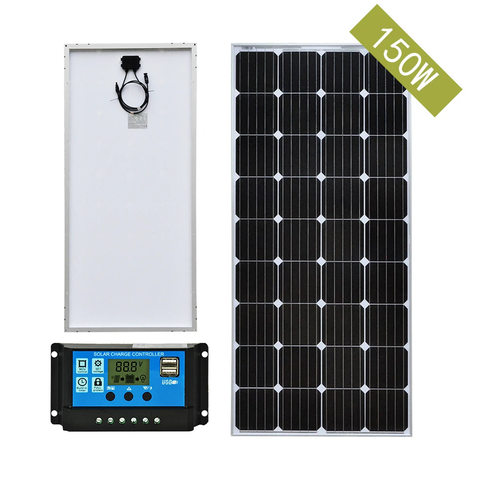 150 Watt 18V Monocrystalline Solar Panel for 12V battery charger cell home system Kit with 20A LCD PWM Charge Controller | Электроника