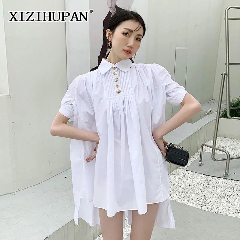 

XIZIHUPAN Casual Button Women's Shirt Lapel Long Sleeve Straight Fold Pleated Loose Women Oversize Shirts 2021 Fashion Clothing