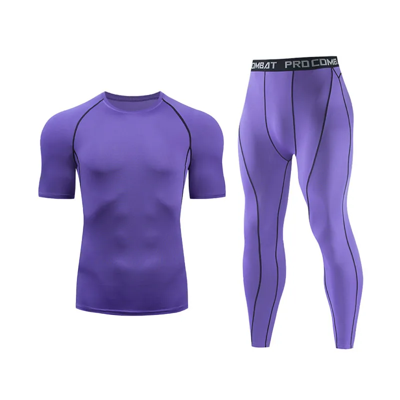 

Short Sleeve Men's Gym Clothing Set Running Man Compression Tights Perspiration Track Suit Gym Man Solid Tshirt Sport Pants 2021