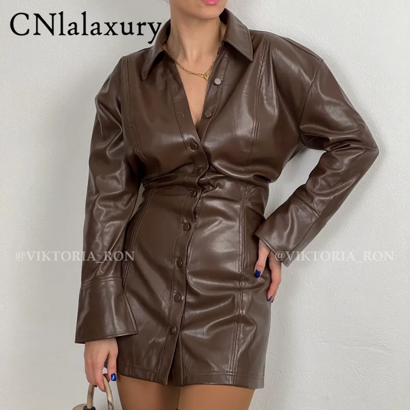 

CNlalaxury 2022 Women Vintage PU Single Button Bodycon Mini Dress Long Sleeve Turn Down Elegant Leather Dresses Vestido Feminino
