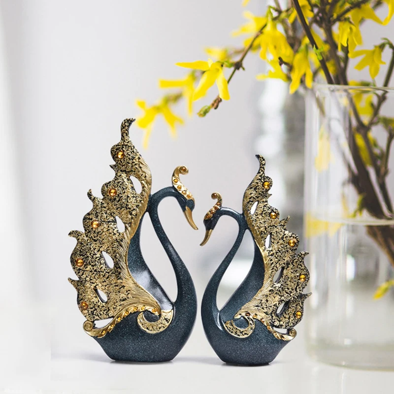

European Elegant Couple Swan Figurines Resin Crafts Home Decoration Swan Miniature Wine Cabinet Display Furnishing Wedding Gifts