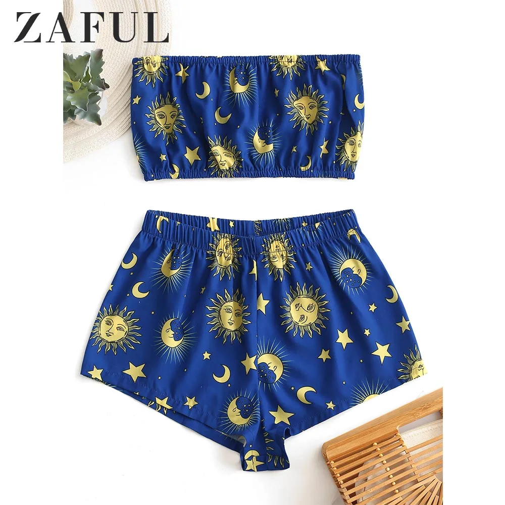 ZAFUL Женская Набор Звезда Солнце и Луна Топ и шорты рукава Упругой высокая талия Шикарная летняя Уличная одежда