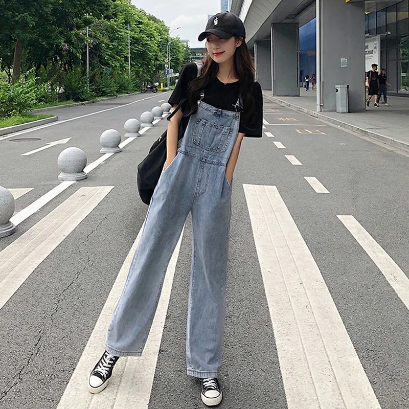 

Fall 150cm Small Wide-Leg Denim Suspender Pants Women's Korean-Style Loose 2020 New Cute Japanese Style Spring and Autumn