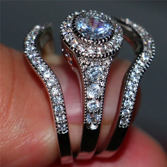 KNOCK 3pcs/Set Luxury Female White Round AAA Zircon Ring Set Fashion Silver Promise Engagement Rings For Women Jewelry