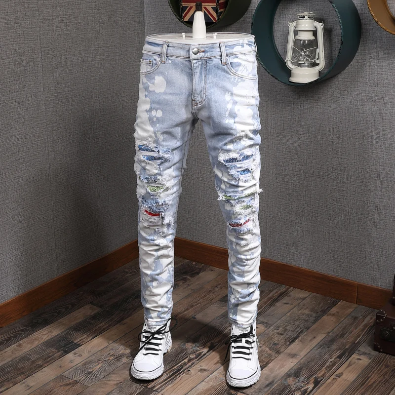 American Street Style Fashion Men Jeans Retro Light Blue Slim Fit Ripped Jeans Beading Patch Designer Hip Hop Denim Punk Pants