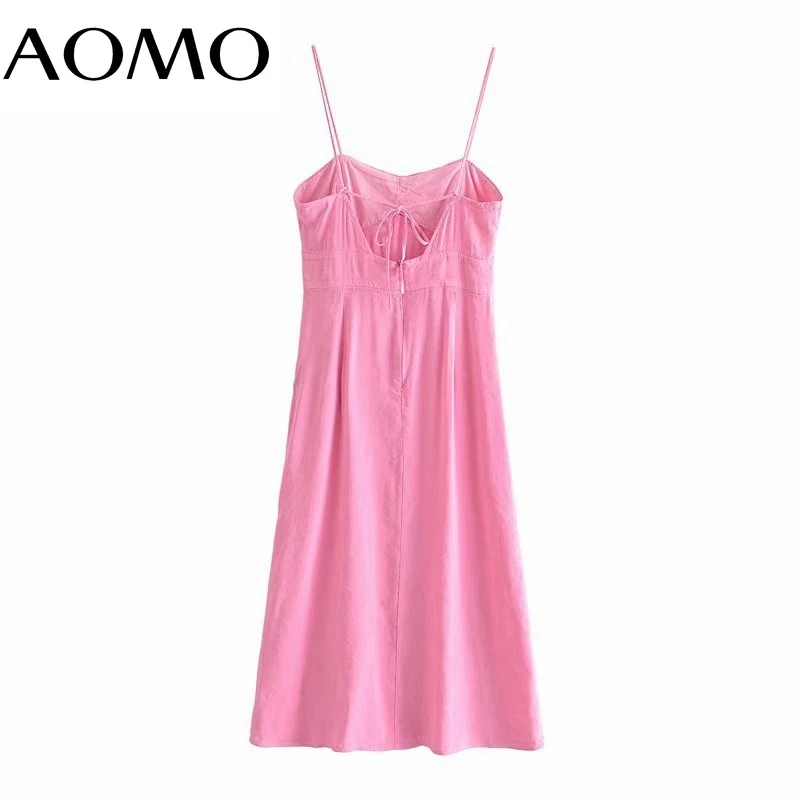 

AOMO Women's Summer Dress Pink Midi Dress Strap Back Bow Sleeveless 2021 Fashion Lady Elegant Dresses 3H274A