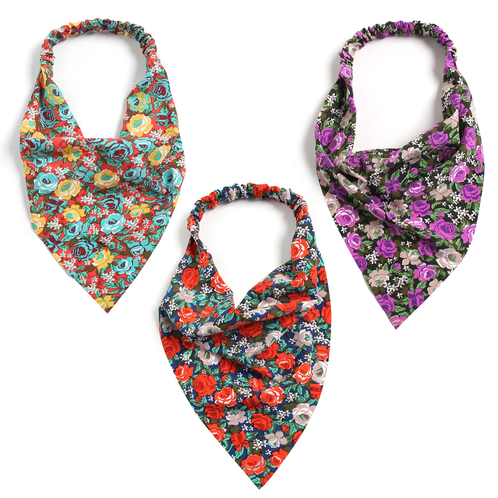 

Rose Printting Hair Scarf Scrunchies Vintage Triangle Bandanas Headband Without Clips Elastic Hair Bands Headwrap Accesories