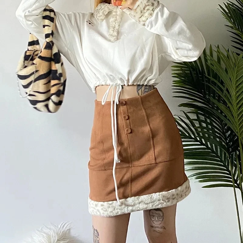 

Sexy fashion deer pattern fleece A-line skirt high-waisted bust hip skirt clothes finishing punk mini skirt Button accessory key