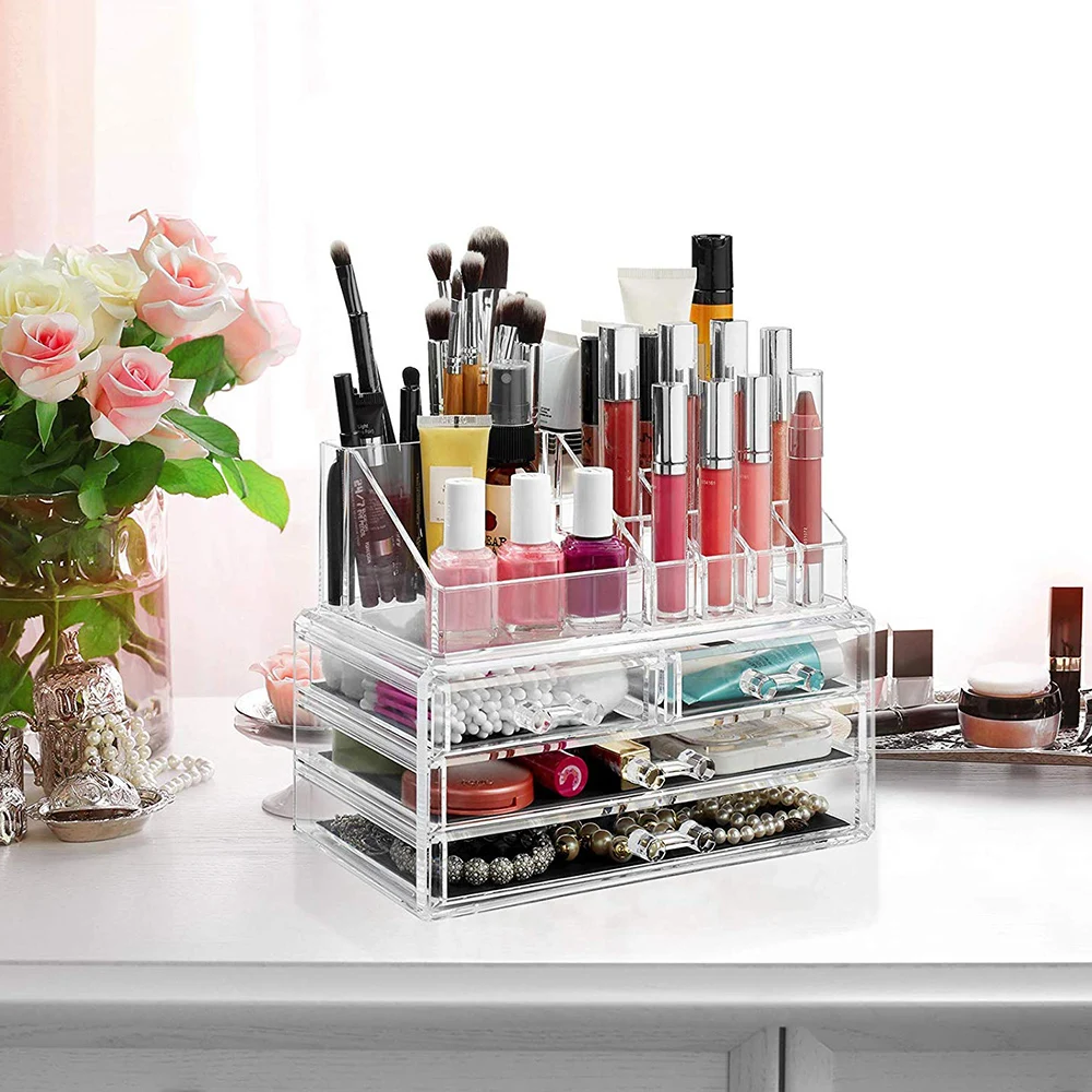 Clear Acrylic Jewelry Organizer Double-Layer Makeup Storage Box Large Space Jewelry Display Case Bedroom Cosmetics Holder Box