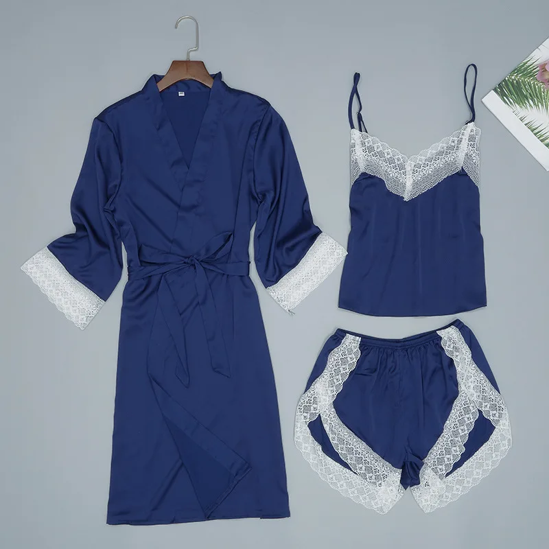 Летняя женская домашняя одежда пижамы 3 шт ремень топ брюки костюм комплекты