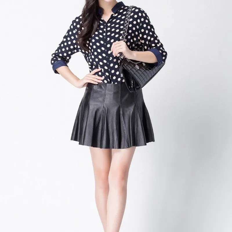 Мини-юбка женская плиссированная из натуральной овечьей кожи в европейском