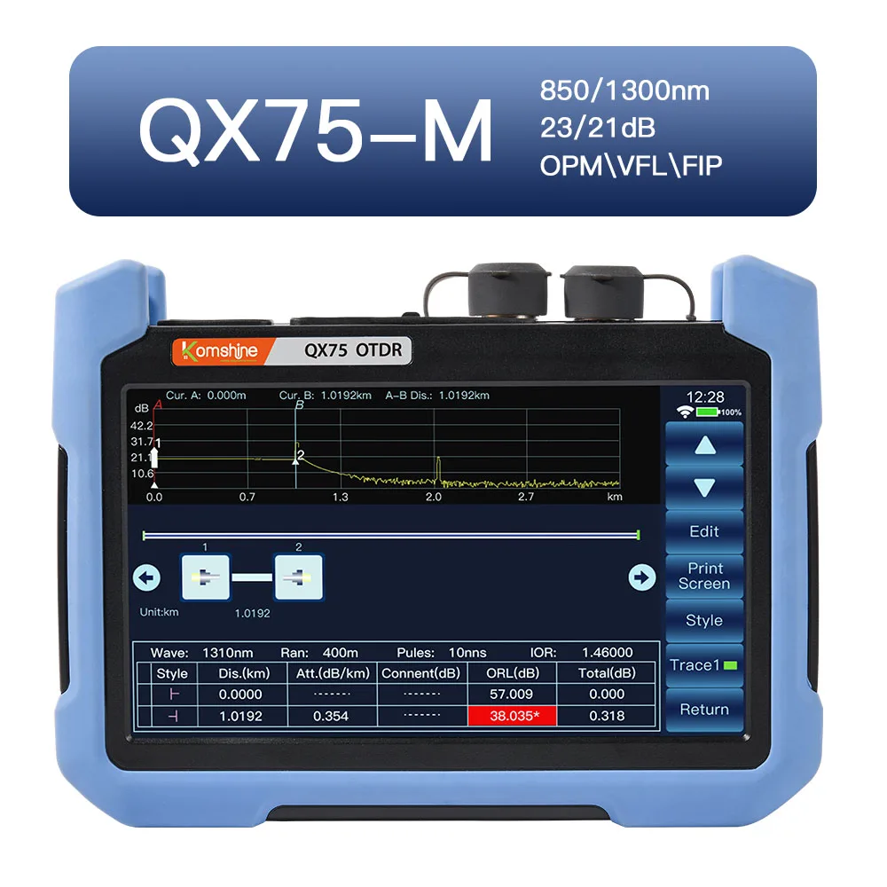 KomShine-OTDR multimodo QX75, OPM VFL integrado, 10mw MM, OTDR 850/1300nm, 23/21dB, reflect&oacute;metro de campo de tiempo &oacute;ptico-0