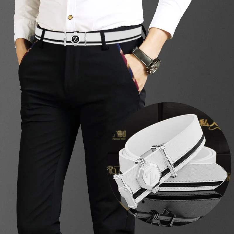 High Quality fashion Z mens belt genuine leather designer belt White casual Cowskin solid smooth buckle Waistband ceinture homme