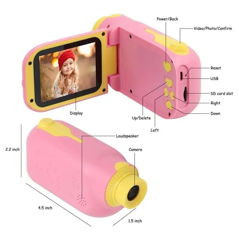 Portable Kids Camera Mini Digital 1080P HD Cameras 2 inch Rotation Screen 2000W Pixels DV Player for Boys Girls Gift Cute Toys