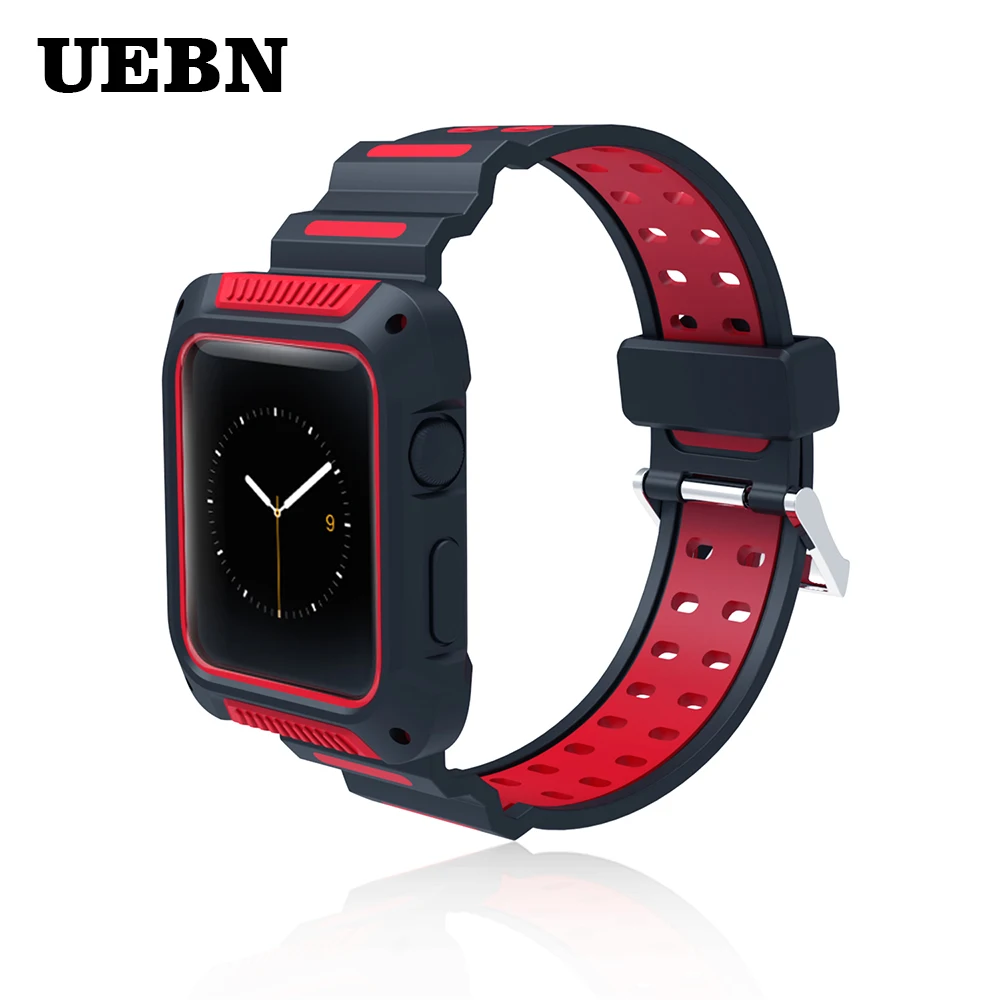 

UEBN Silicone Siamese Sport Band for Apple Watch 38MM 42MM With protective case Strap for iWatch Series 3 2 1 watchbands