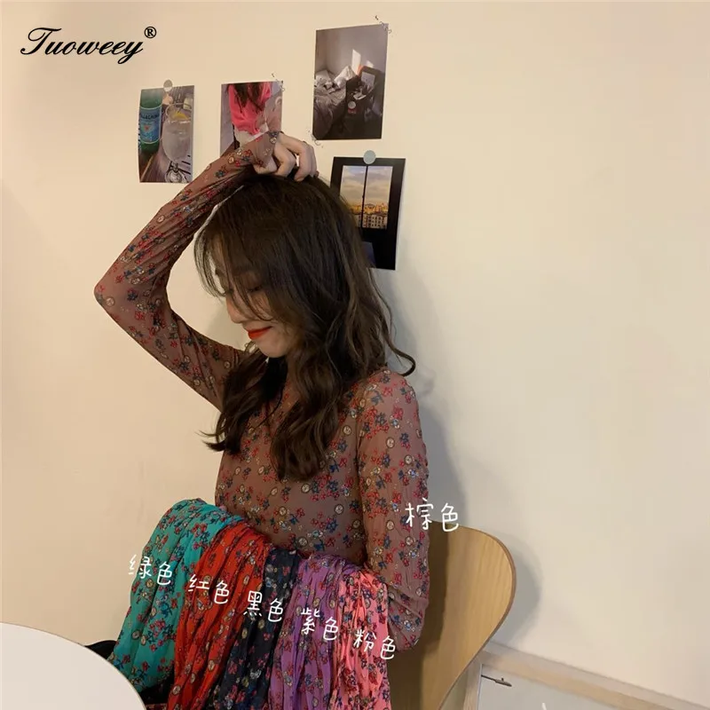 

New Fashion Floral Printed Women See-through Mesh Shirt Women Female Summer Mesh Tops Sun Protection Long Sleeve T Shirt