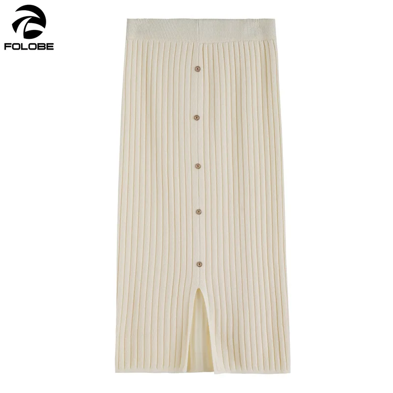 

FOLOBE 2021 Elegant Women Knit Skirt High Waist Pencil Button Soft Casual Spring Autumn Midi Skirts Ladies Knitted Korean Skirt