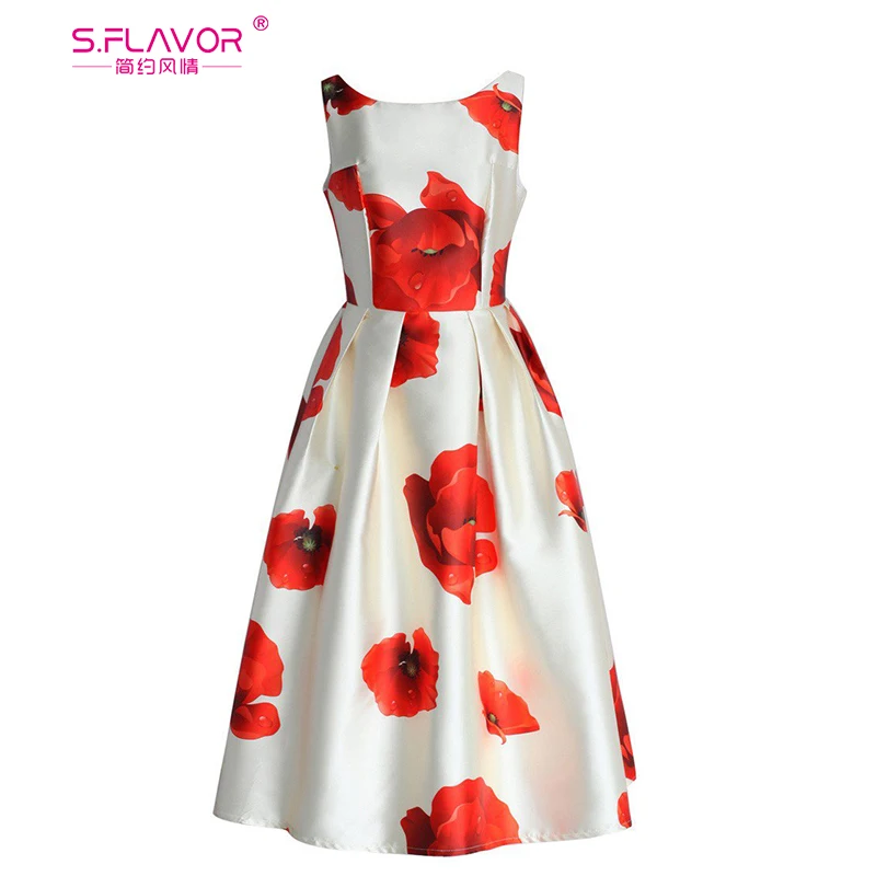 S. FLAVOR, без рукавов, с цветочным принтом, Vestidos De, женское, винтажное, тонкое, с круглым вырезом, элегантное, вечерние, Vestidos, высокое качество