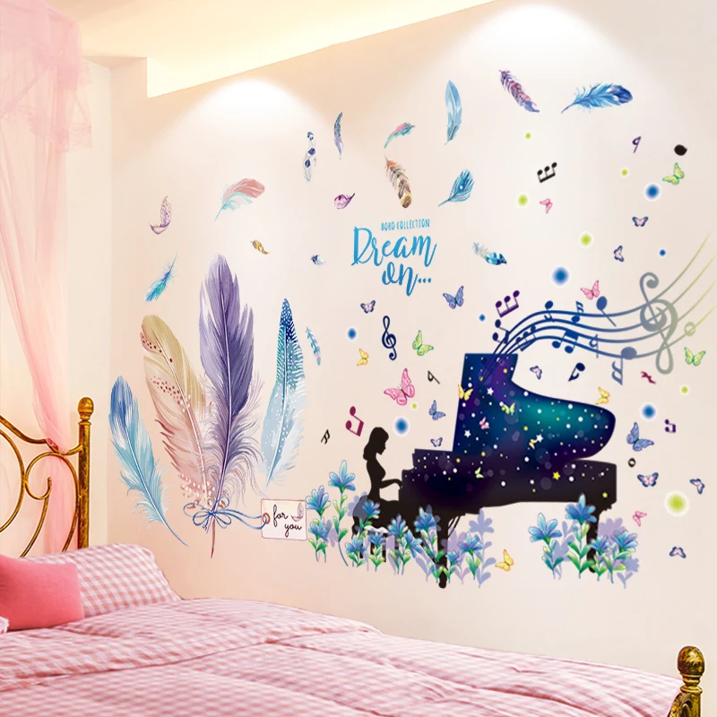 

Piano Girl Wall Stickers Vinyl DIY Colorful Feathers Wall Decals for Kids Bedroom Baby Room Children Nursery Home Decoration