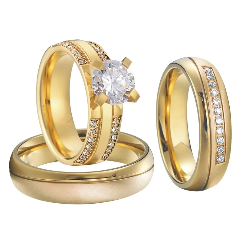 

Luxury 3pcs 18k Gold Plated Couple Wedding Rings Set for Men and Women Lover's Alliance Zircon Engagement Ring Marriage Gift