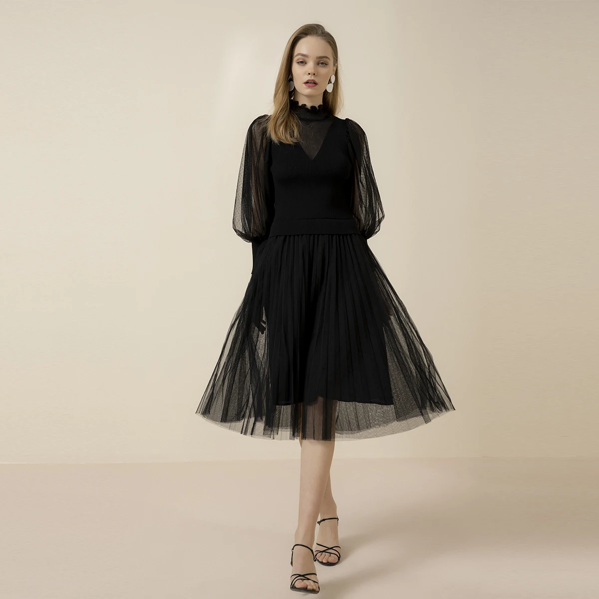

Lace women's elegant puff sleeve dress retro long banquet dress high neck waist dress wrap skirt 2021
