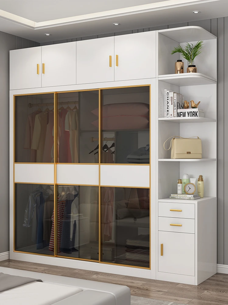 

Simple light luxury wind glass push and pull sliding door large wardrobe home master bedroom combination cabinet