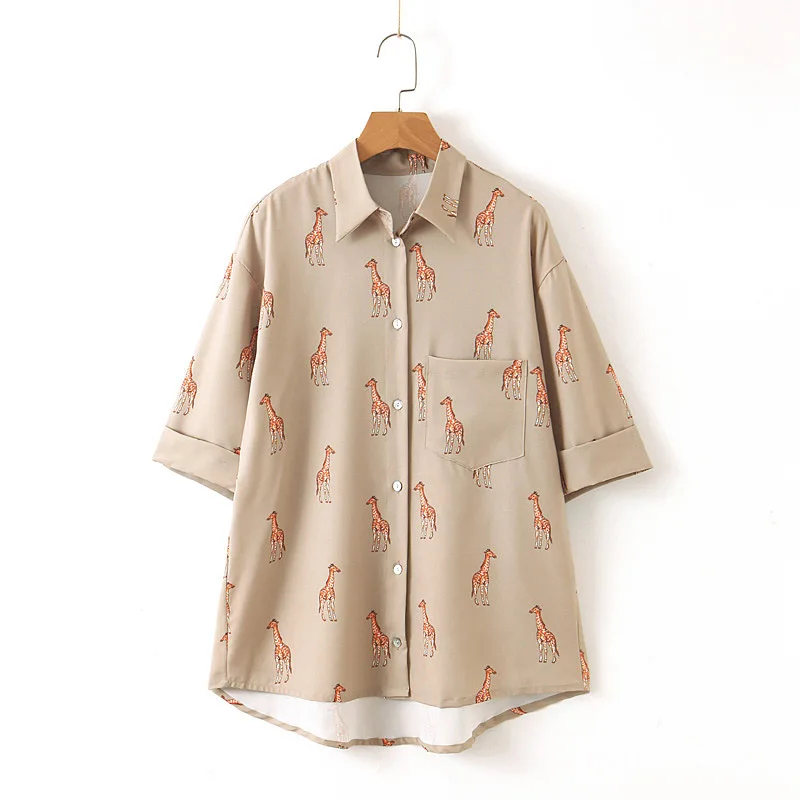 Женская Повседневная блуза с принтом жирафа карманом рукавом три четверти