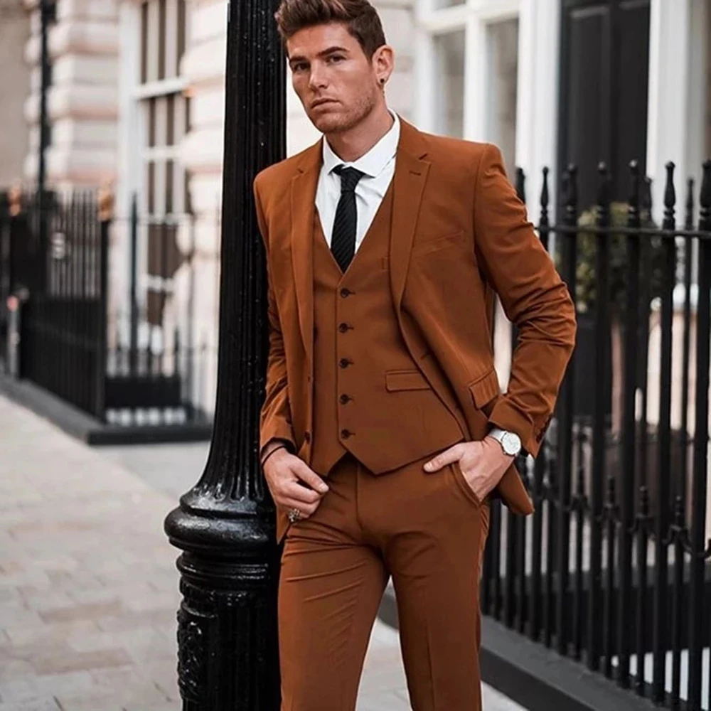 Business Wedding Brown Men Suits Notch Lapel Wedding Groom Tuxedos Terno Masculino Slim Fit Prom Blazer 3 Pieces Costume Homme