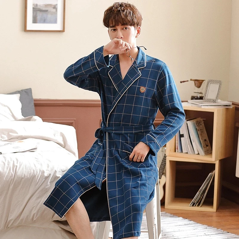 Men's Pajamas Cotton Plaid Robe Handsome Homewear Male Robes Long Bath Robe Sleepwear Dressing Gown Spring Nightgown Loungewear