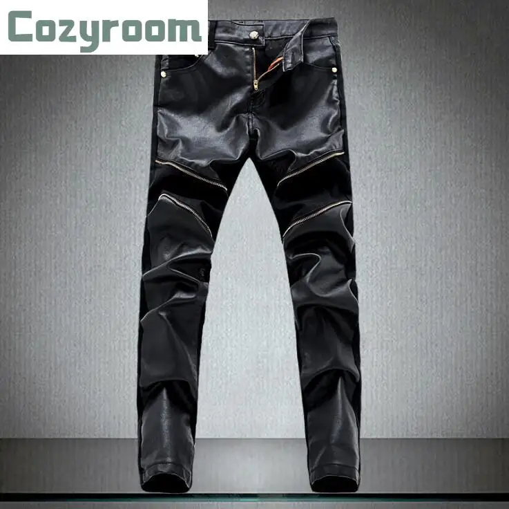 

Мужские облегающие брюки-карандаш Tide корейские модные мужские облегающие джинсовые строченные из искусственной потертой кожи индивидуаль...