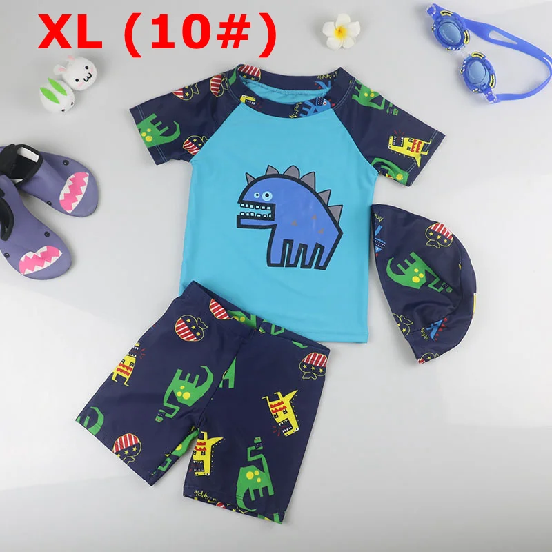 BLUE XL Boy Baby Swimwear Dinosaur Swimming Suit for Boys Short Sleeves Toddler Kids Children's Swimwear Beach Clothes Bathing Suit 3pcs - Цвет: BLUE XL
