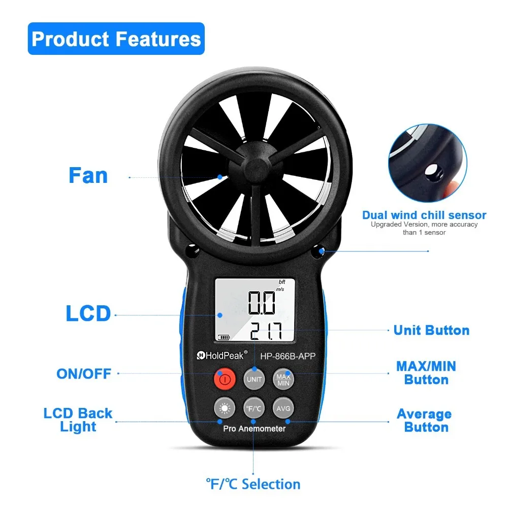 HP-866B Анемометр цифровой анемометр с Сумочка для того чтобы измерить скорость