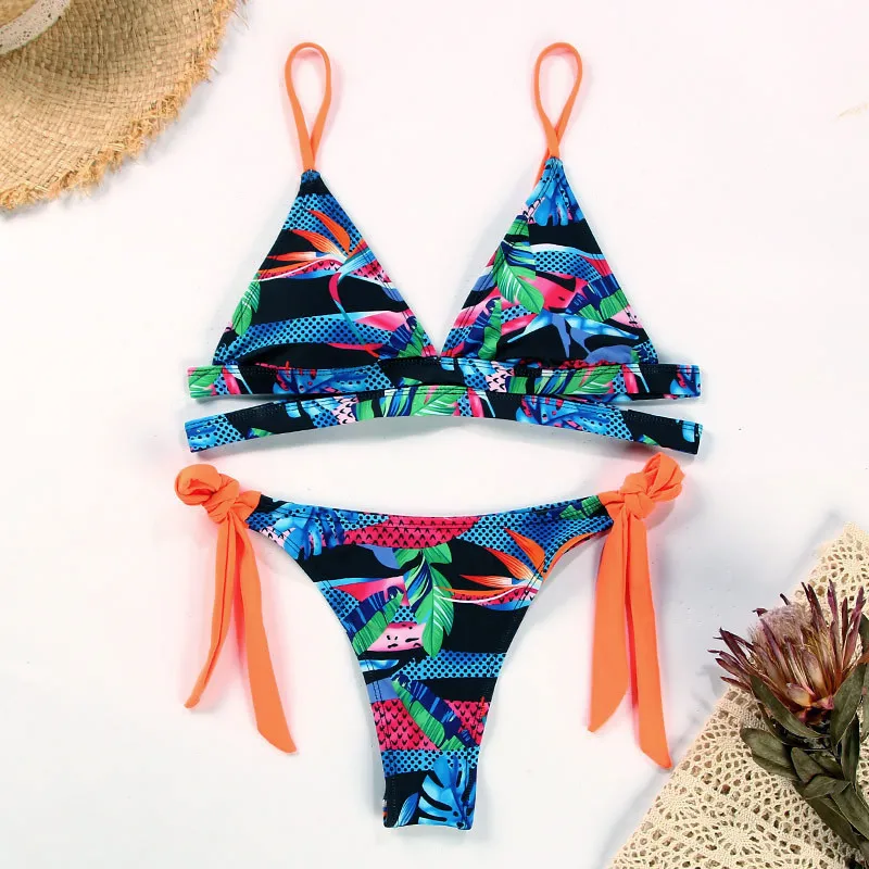 

Adults Women Fashionable Plant Printing Sexy Backless Bikini Set Beach 2021 Mujer Swimsuit Ropa Swimwear Beach Summer