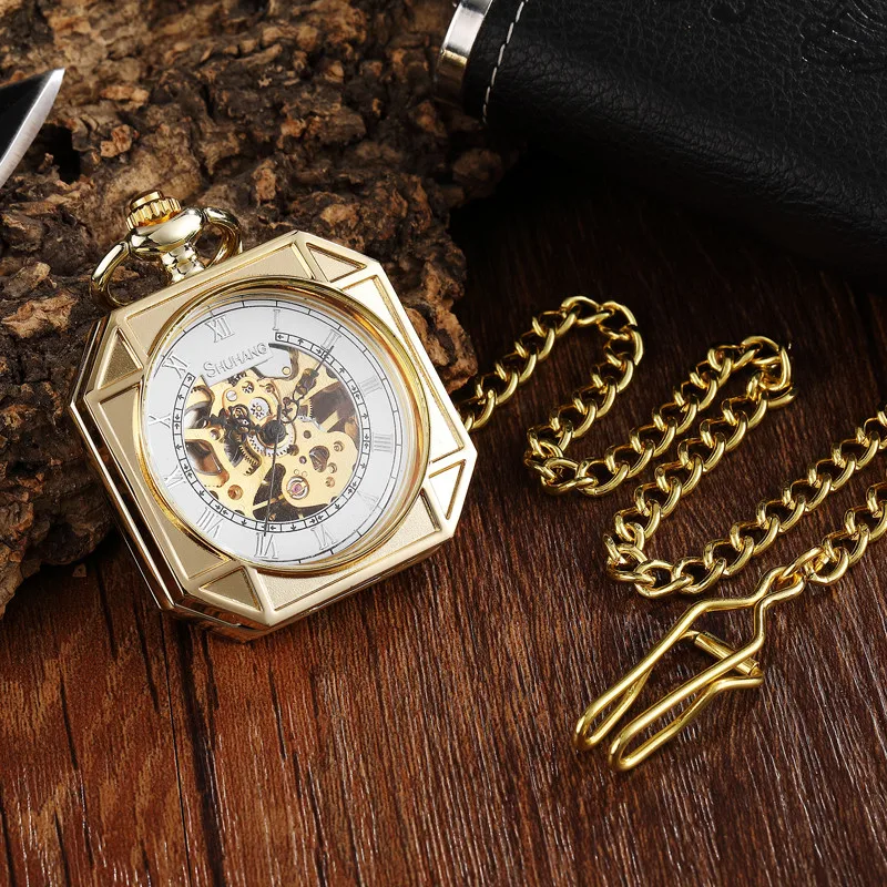

Luxury Golden Square Design Mechanical Pocket Watch Men FOB Chain Sculpture Skeleton Steampunk Hand Wind Mechanical Man Watches