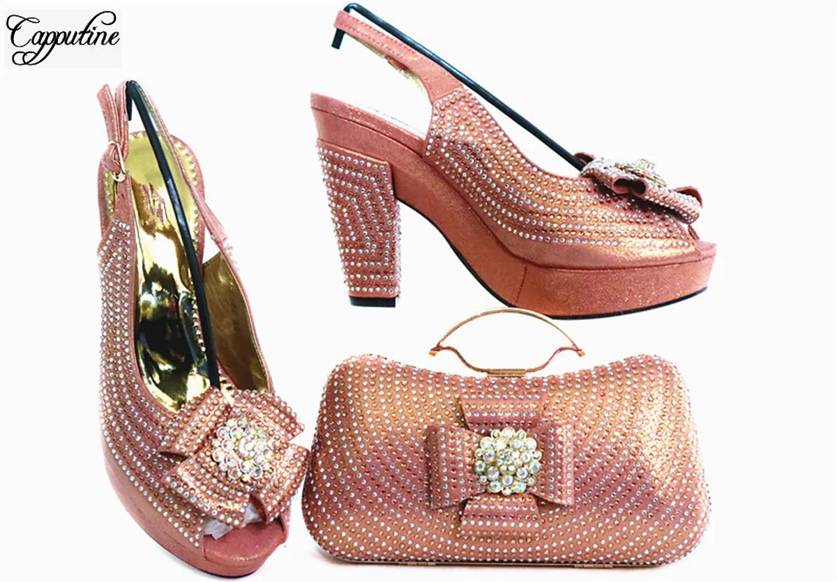 

Elegant Peach Pumps With Handbag African Women's Shoes And Purse Bag Set For Wedding GL1912-6 Heel Height 10.5CM