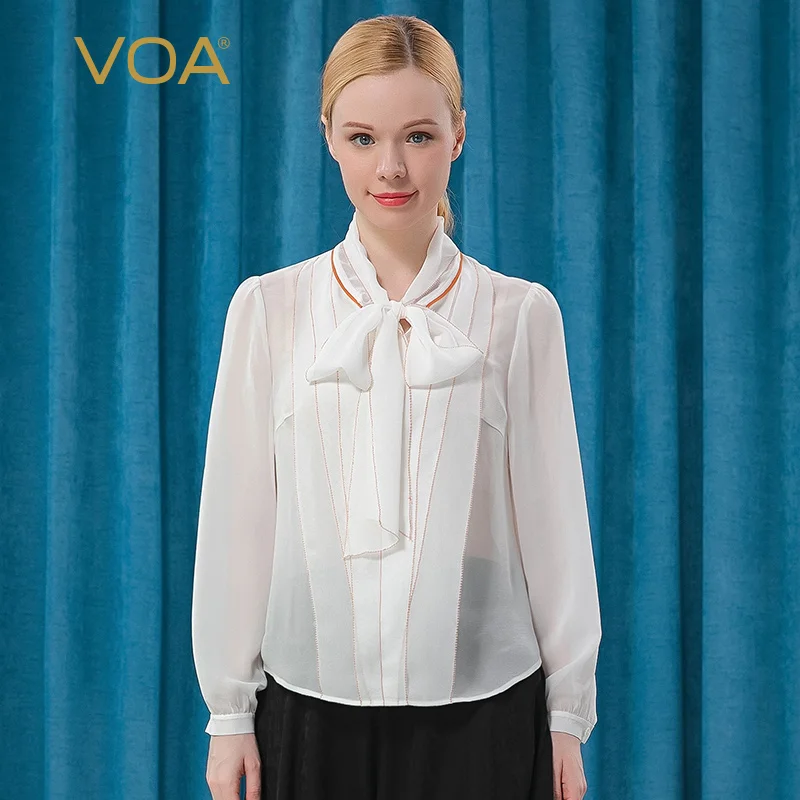 Bestellen VOA 12 Mt/mt Silk Georgette Bogen Schwimm Blei Reine Weiße Lange Hülse Seide Orange Rand Damen Hemd BE317 Frauen Mode Kleidung