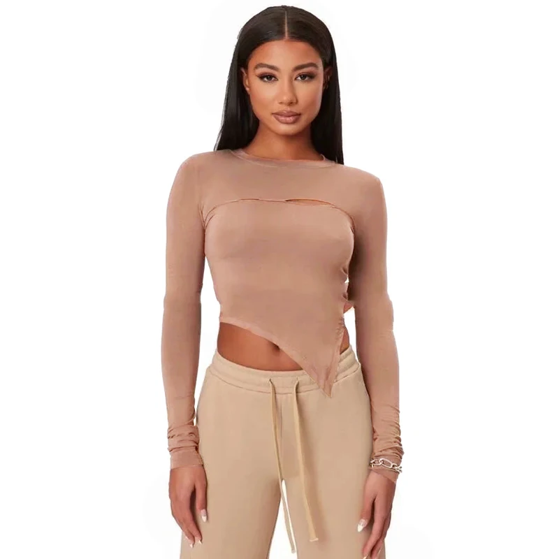 

Women Crew Neck Cut Out Front Long Sleeve T-shirt With Asymmetrical Hem