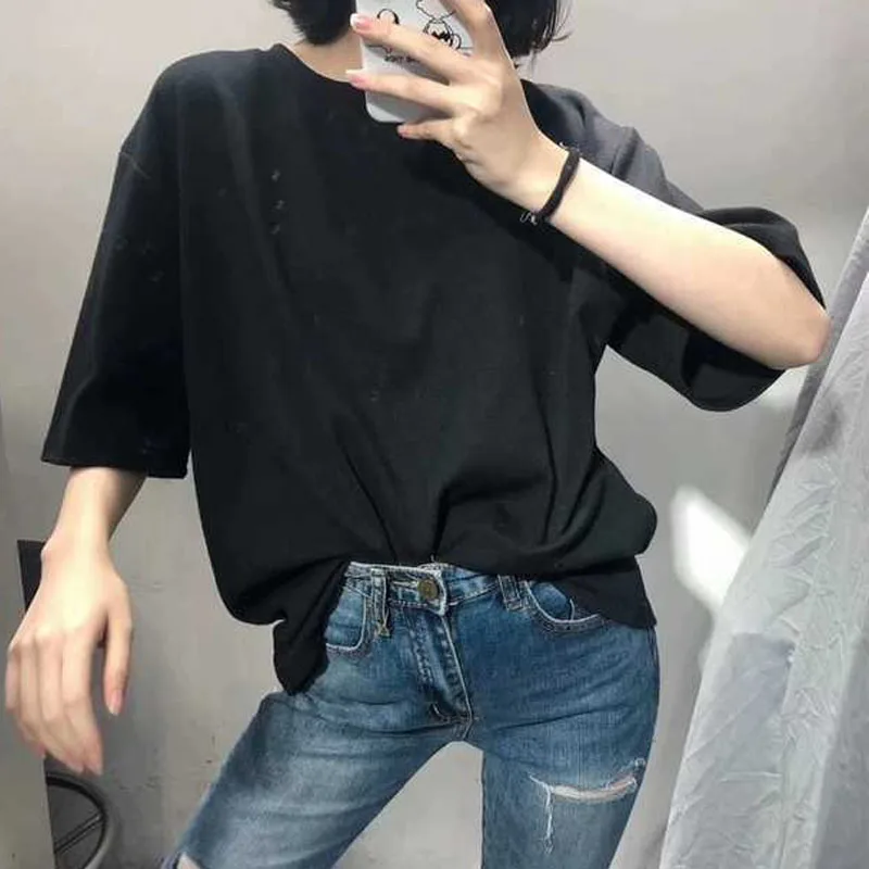 Однотонная женская футболка из 100% хлопка летняя с коротким рукавом и круглым