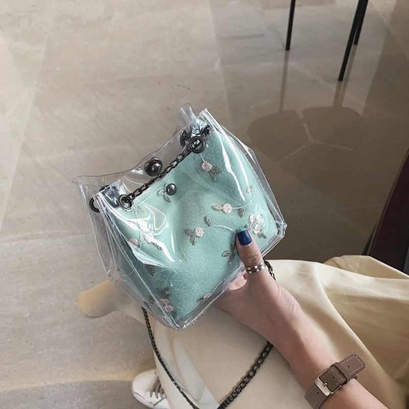 Embroidered Bucket Women Transparent Bag Clear Shoulder Female Chain Crossbody Messenger Bags 2020 Luxury Handbag | Багаж и сумки
