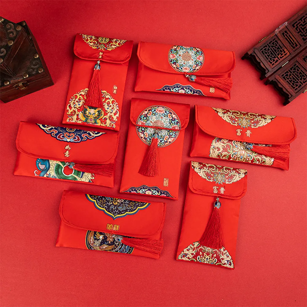 

Китайский парчовый красный конверт, новогодний индивидуальный карман для денег, подарочная сумочка с кисточками, украшение для свадьбы, ве...