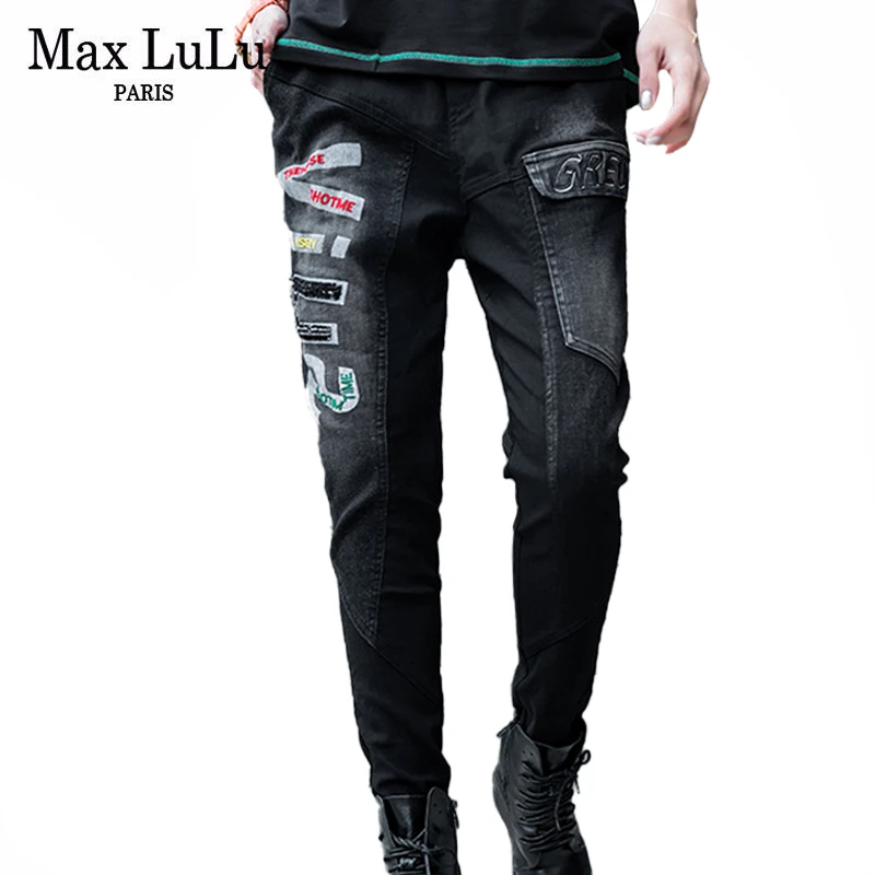 

Max LuLu 2020, корейский стиль, женские эластичные шаровары с принтом, Женские винтажные джинсы, черные джинсовые брюки, свободные, готический сти...