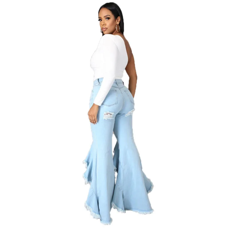 

Denim Trousers Women Casual Fashion Chic Tassel Ripped Stretchy Patchwork Sexy High Waist Streetwear Wide Leg Flare Jeans Pants