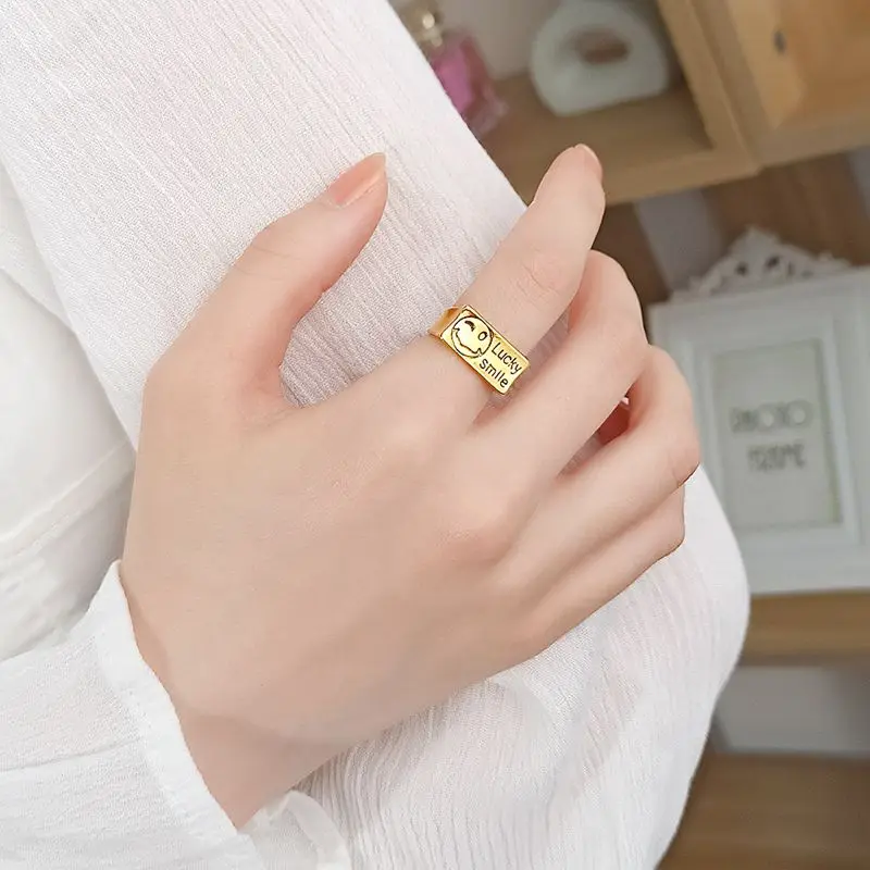 

Lucky Smile Opening Rings Retro Geometric Square Couple Hip Hop Ins Style Niche Design Gold Silver Rings Adjustable Jewelry