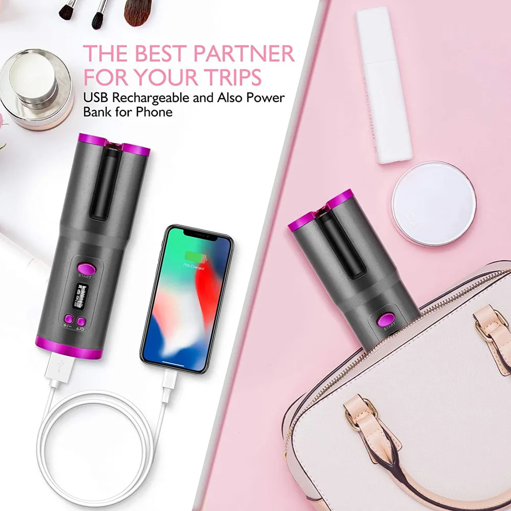 

2 in 1 Automatic Curling Iron LCD Display Cordless Auto Rotating Iron Wave Hair Curler 6 Temperature Adjustable Styling Tool