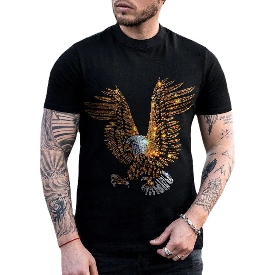 

2021 Summer New T-shirt Men's Middle East Eagle Hot Rhinestone Short Sleeve Fashion Trend Top