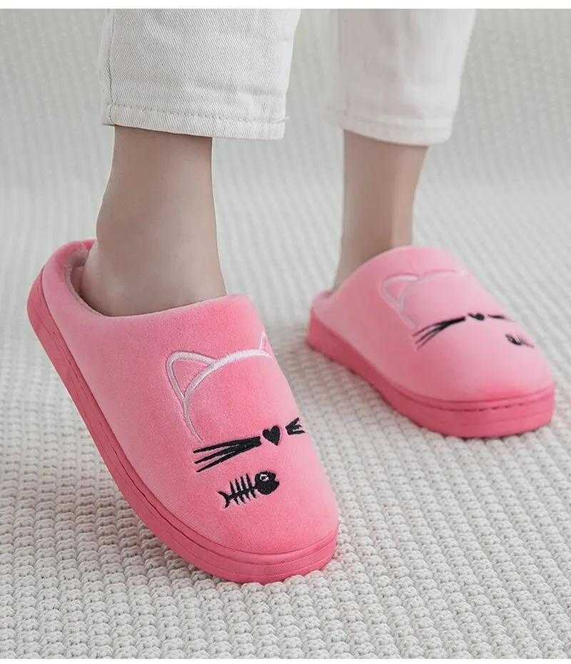 Women Winter Home Slippers Cartoon Cat Shoes Non-slip Soft Warm House Slippers Indoor Bedroom Lovers Couples Shoes