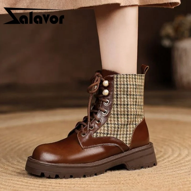 

ZALAVOR 2022 Women Real Leather Shoes Ankle Boots Low Heels Mixed Color Lace Up Fashion Short Boot Ladies Footwear Size 35-39