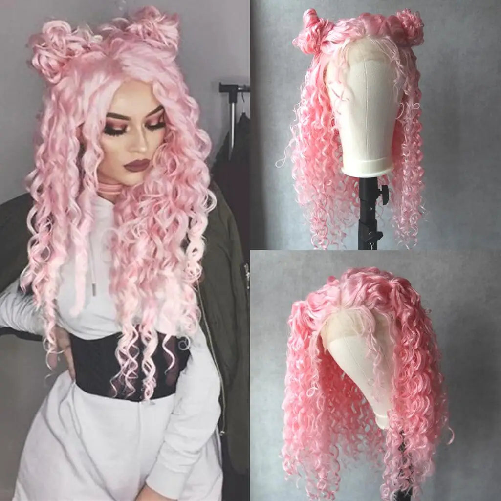 

Pink Color Kinky Curly Wig Free part Synthetic Lace Front Wig Heat Resistant Fiber For Africa America Black Women