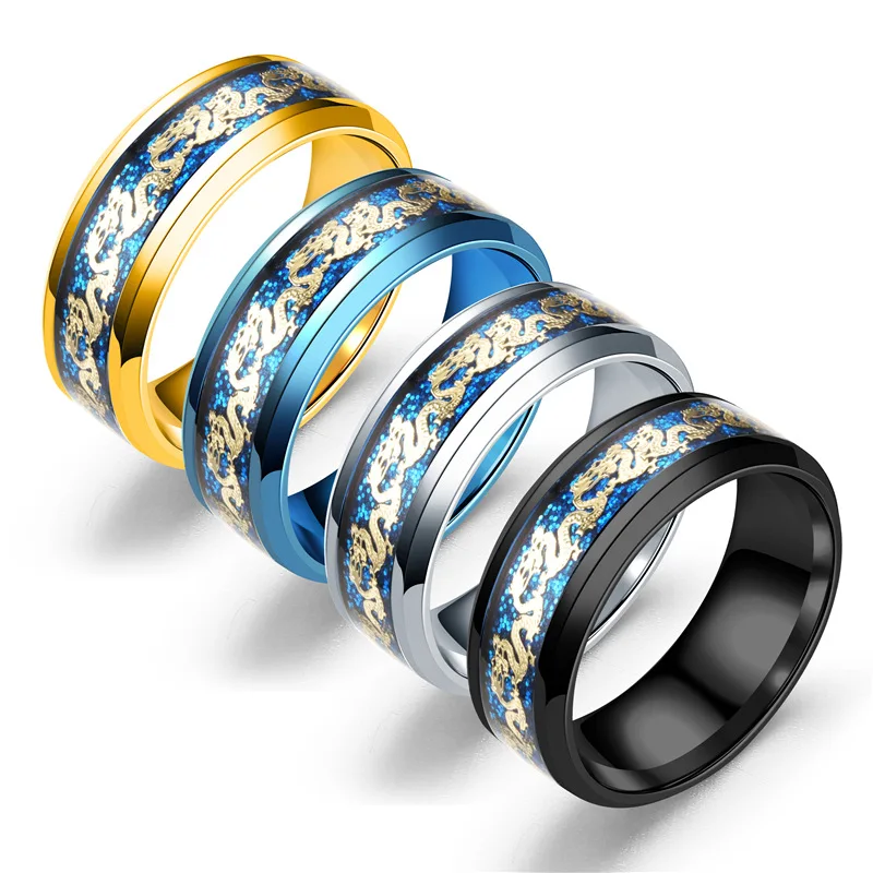 

Vintage Punk Dragon Stainless Steel Wedding Rings For Men Blue Black Color Fiber Jewelry